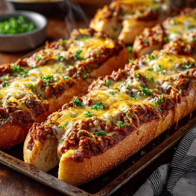 Überbackenes Hackfleisch-Baguette mit geschmolzenem Käse und Petersilie, Nahaufnahme der saftigen Füllung auf knusprigem Brot.