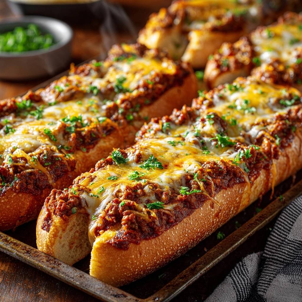 Überbackenes Hackfleisch-Baguette mit geschmolzenem Käse und Petersilie, Nahaufnahme der saftigen Füllung auf knusprigem Brot.
