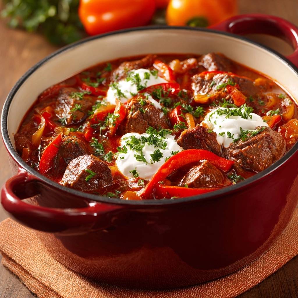 Ungarisches Paprikagulasch mit zarten Rindfleischstücken und Paprika, garniert mit einem Klecks Sahne und frischer Petersilie.