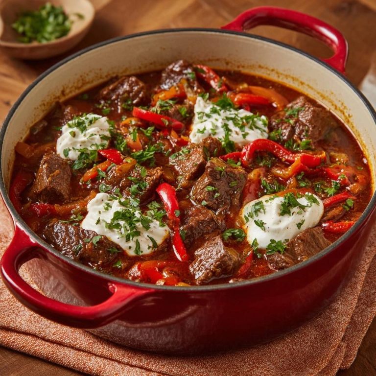 Ungarisches Paprikagulasch mit Klößen und Petersilie, serviert in einem roten Gusseisentopf mit Löffeln.