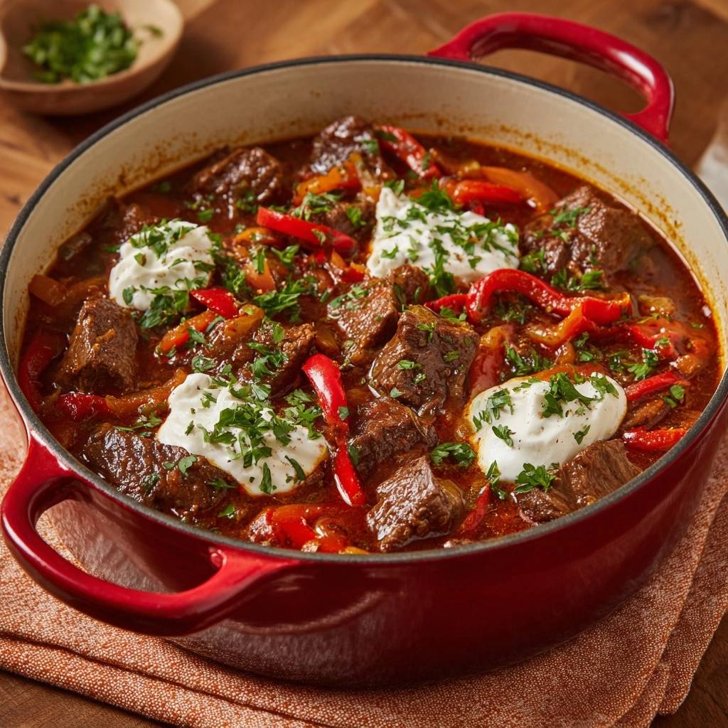 Ungarisches Paprikagulasch mit Klößen und Petersilie, serviert in einem roten Gusseisentopf mit Löffeln.