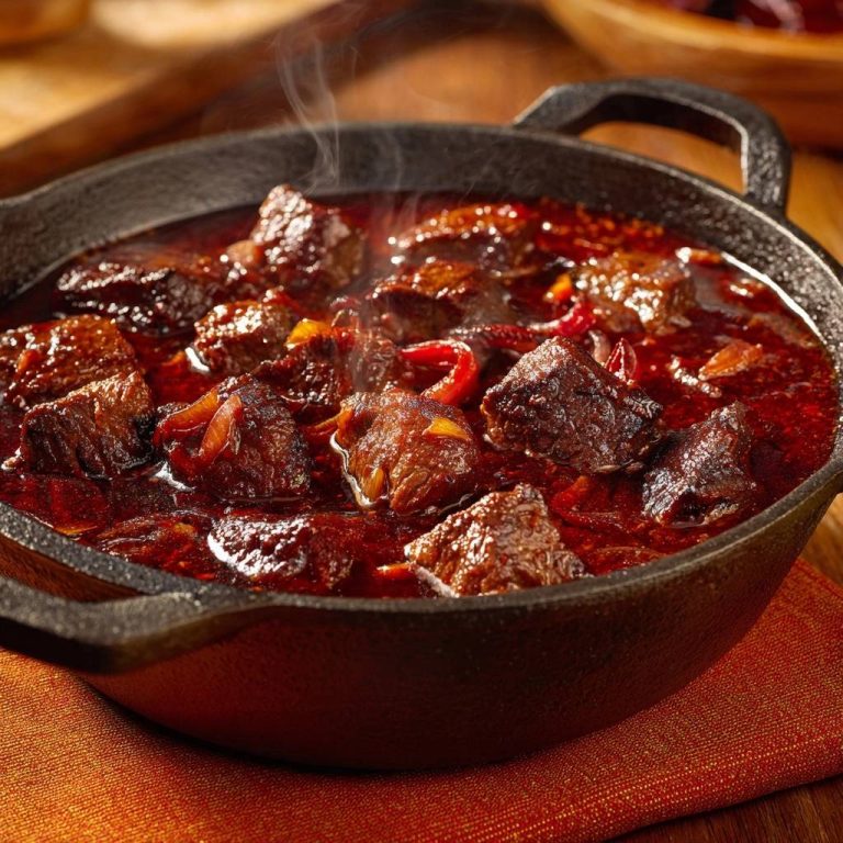 Ungarisches Rindergulasch dampfend und heiß in einer gusseisernen Pfanne serviert, mit zarten Fleischstücken und reichhaltiger Sauce.