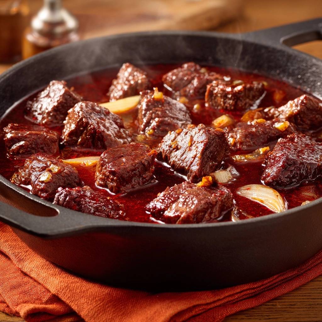 Ungarisches Rindergulasch in einer gusseisernen Pfanne, heiß und dampfend, mit zarten Fleischstücken und Zwiebeln.