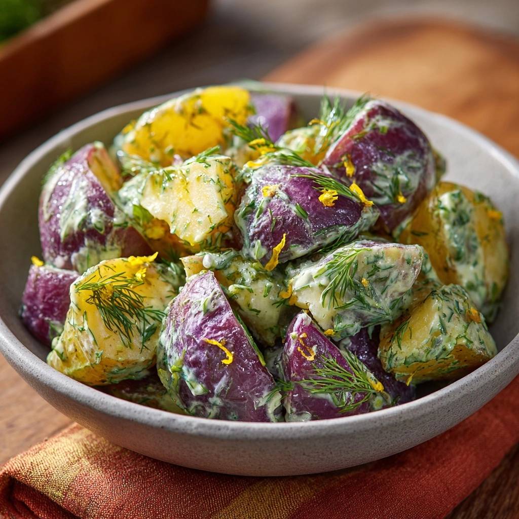 Violetter Dill-Kartoffelsalat in einer Schüssel mit cremigem Dressing und frischem Dill, Nahaufnahme des Gerichts.