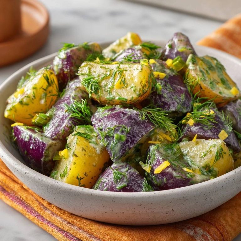 Violetter Dill-Kartoffelsalat in einer Schüssel mit frischem Dill und einer cremigen Sauce, nah aufgenommen.