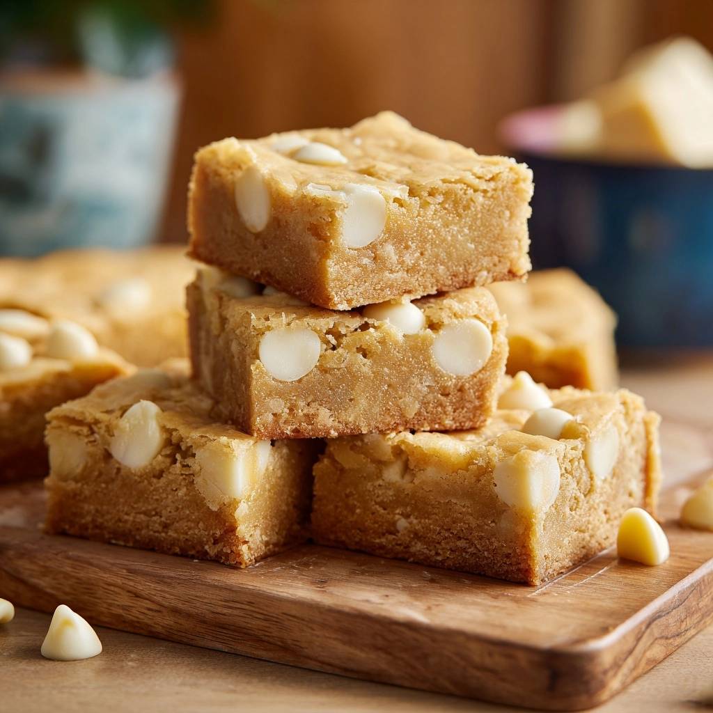 White Chocolate Blondies als Stapel auf einem Holzbrett, Nahaufnahme mit vielen weißen Schokoladenstückchen.