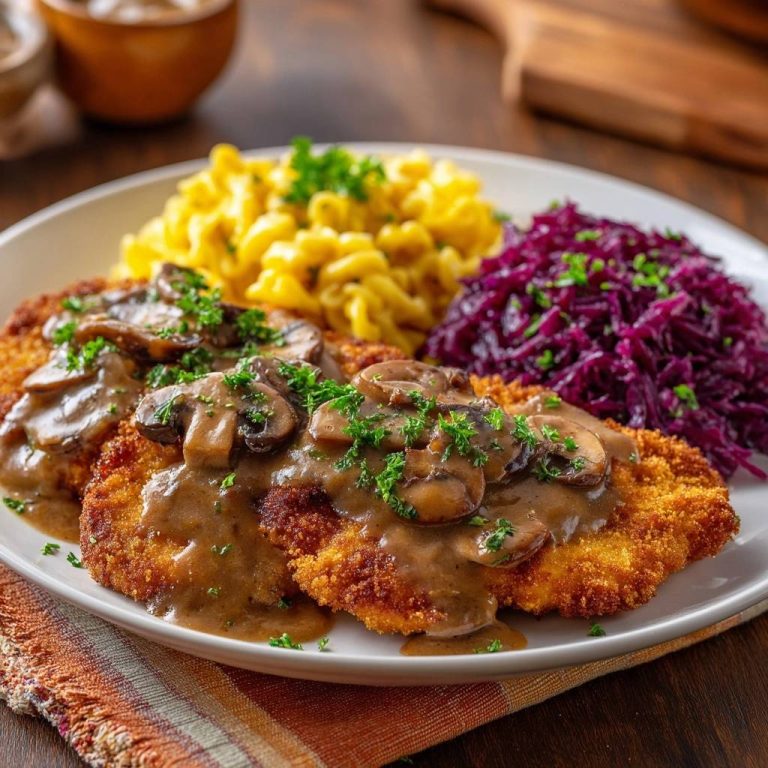 Wiener Schnitzel mit Pilzrahmsauce, Spätzle und Rotkohl, serviert auf einem Teller mit Petersilie garniert