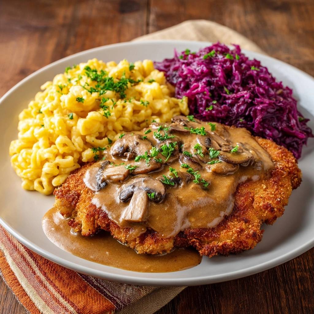 Wiener Schnitzel mit Pilzrahmsauce, Spätzle und Rotkohl, serviert auf einem Teller mit Nahaufnahme der Pilzsauce.