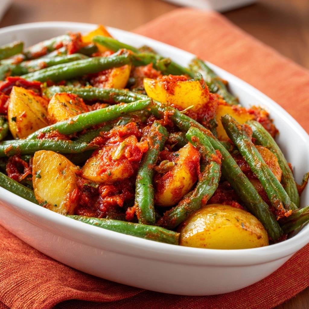 Würzige Bohnen mit Kartoffeln in Tomatensauce, Nahaufnahme des herzhaften Eintopfgerichts in einer weißen Schüssel.
