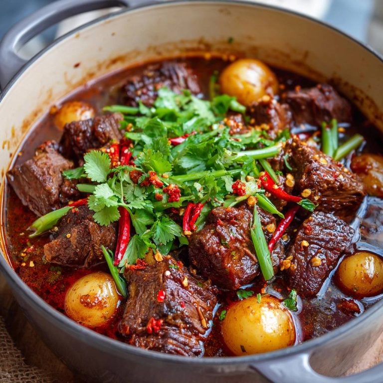 Würziges Rindfleisch-Curry mit Perlzwiebeln, nahaufnahme mit frischer Koriander- und Chili-Garnitur