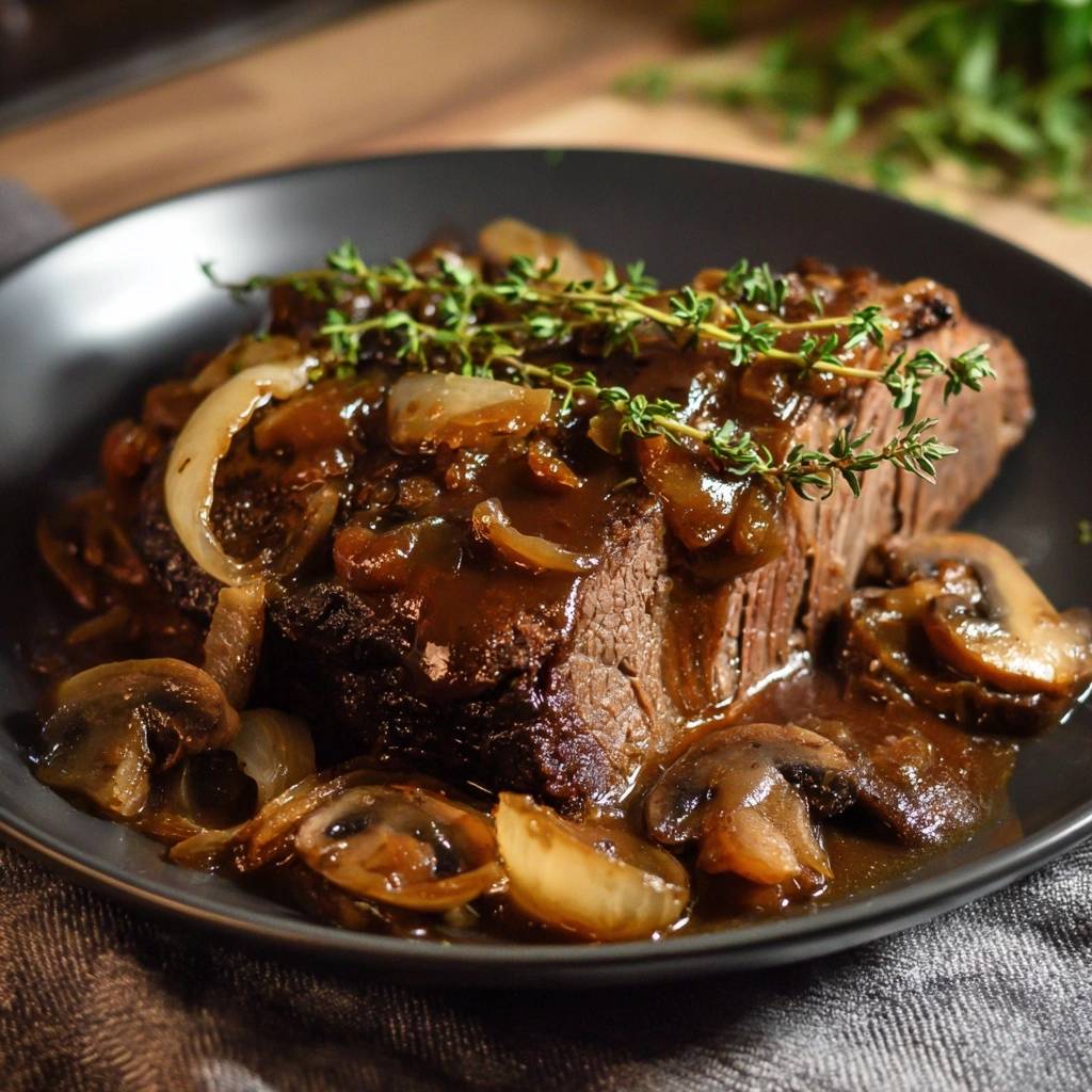 Zartes Rinderbrustfleisch mit Apfel-Zwiebel-Pilzen und Babykartoffeln, garniert mit frischem Thymian auf einem Teller.