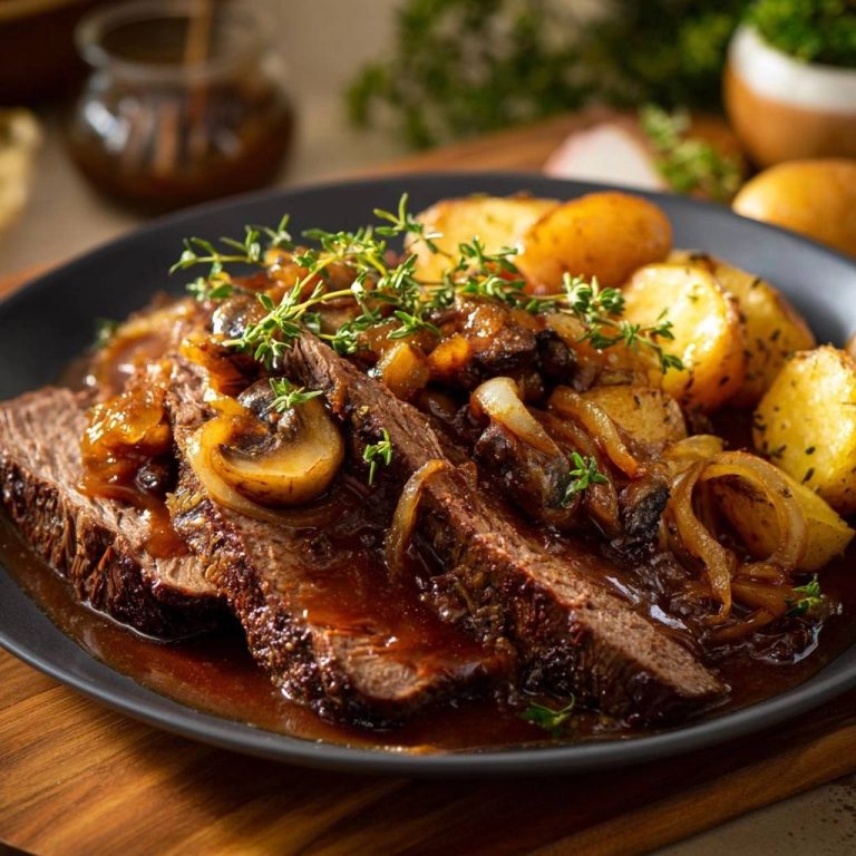 Zartes Rinderbrustfleisch mit Apfel-Zwiebel-Pilzen und Babykartoffeln, serviert mit geschnittenen Scheiben und reichlich Sauce.