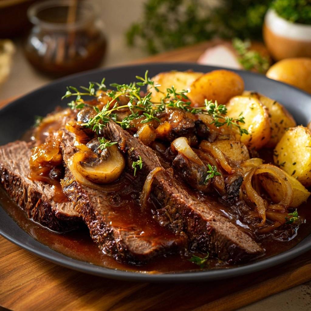 Zartes Rinderbrustfleisch mit Apfel-Zwiebel-Pilzen und Babykartoffeln, serviert mit geschnittenen Scheiben und reichlich Sauce.