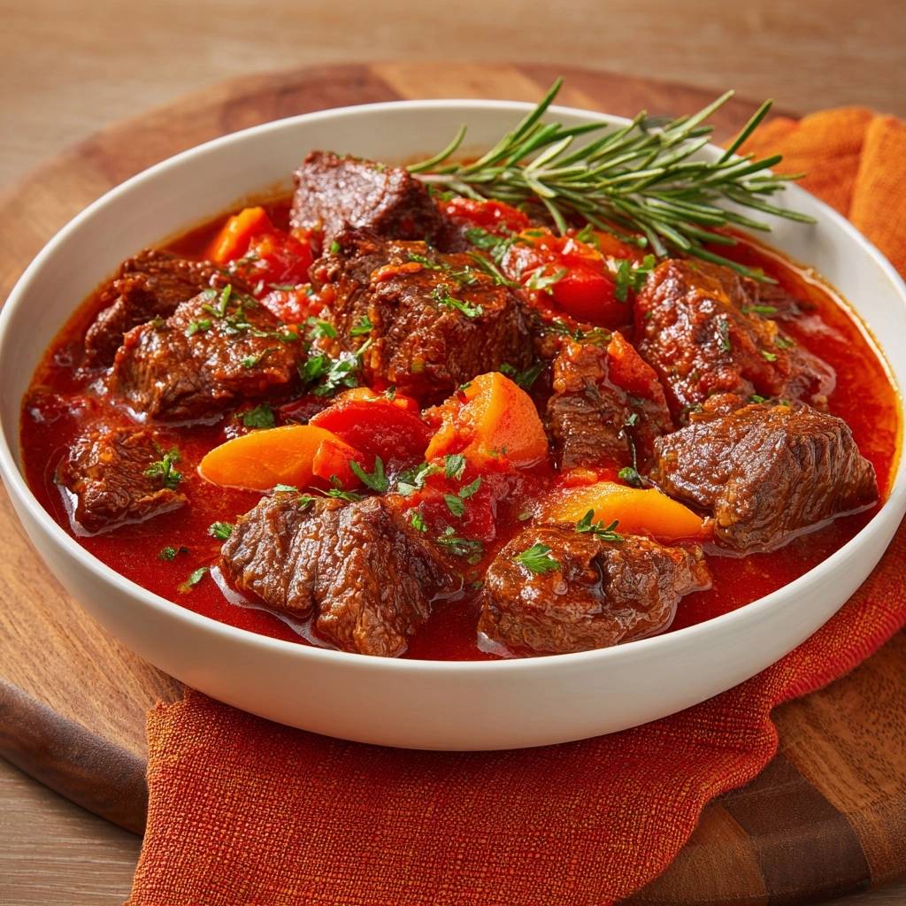 Zartes Rindergulasch mit Karotten, serviert in einer Schüssel, garniert mit frischem Rosmarin und Petersilie.