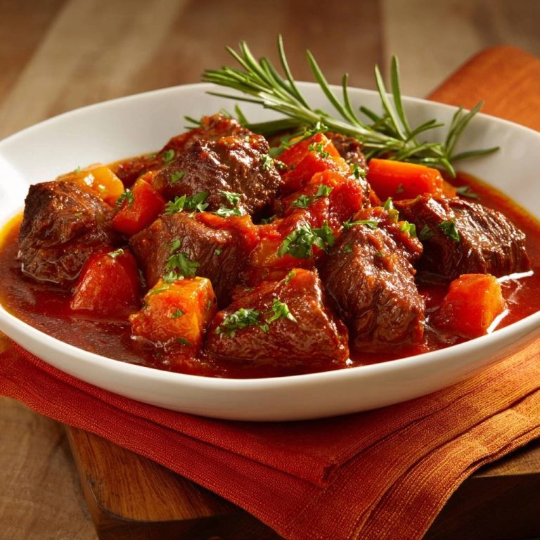 Zartes Rindergulasch mit Karotten, serviert in einer weißen Schüssel mit frischer Rosmarin-Garnitur.