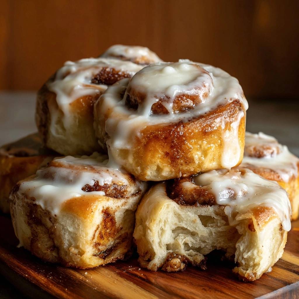 Zimtschnecken, angeschnitten und mit cremiger Glasur überzogen, zeigen ihre fluffige Teigstruktur.