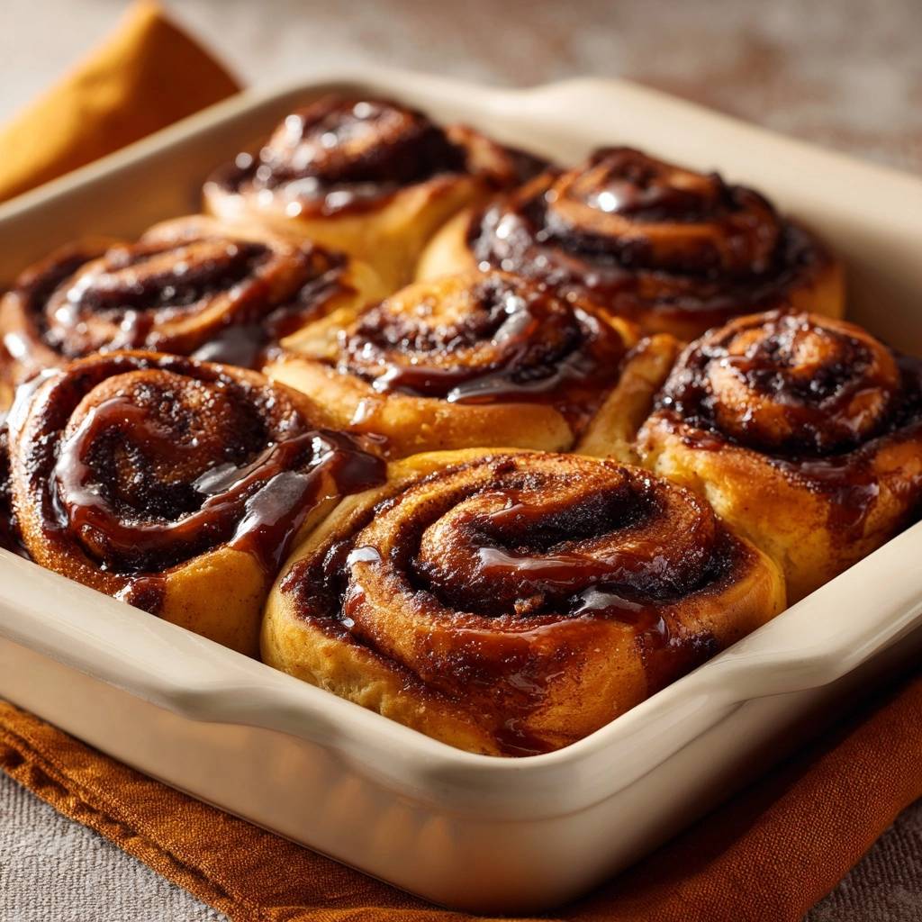 Zimtschnecken, glasiert und in einer Auflaufform, Nahaufnahme der köstlichen, warmen Gebäckstücke.