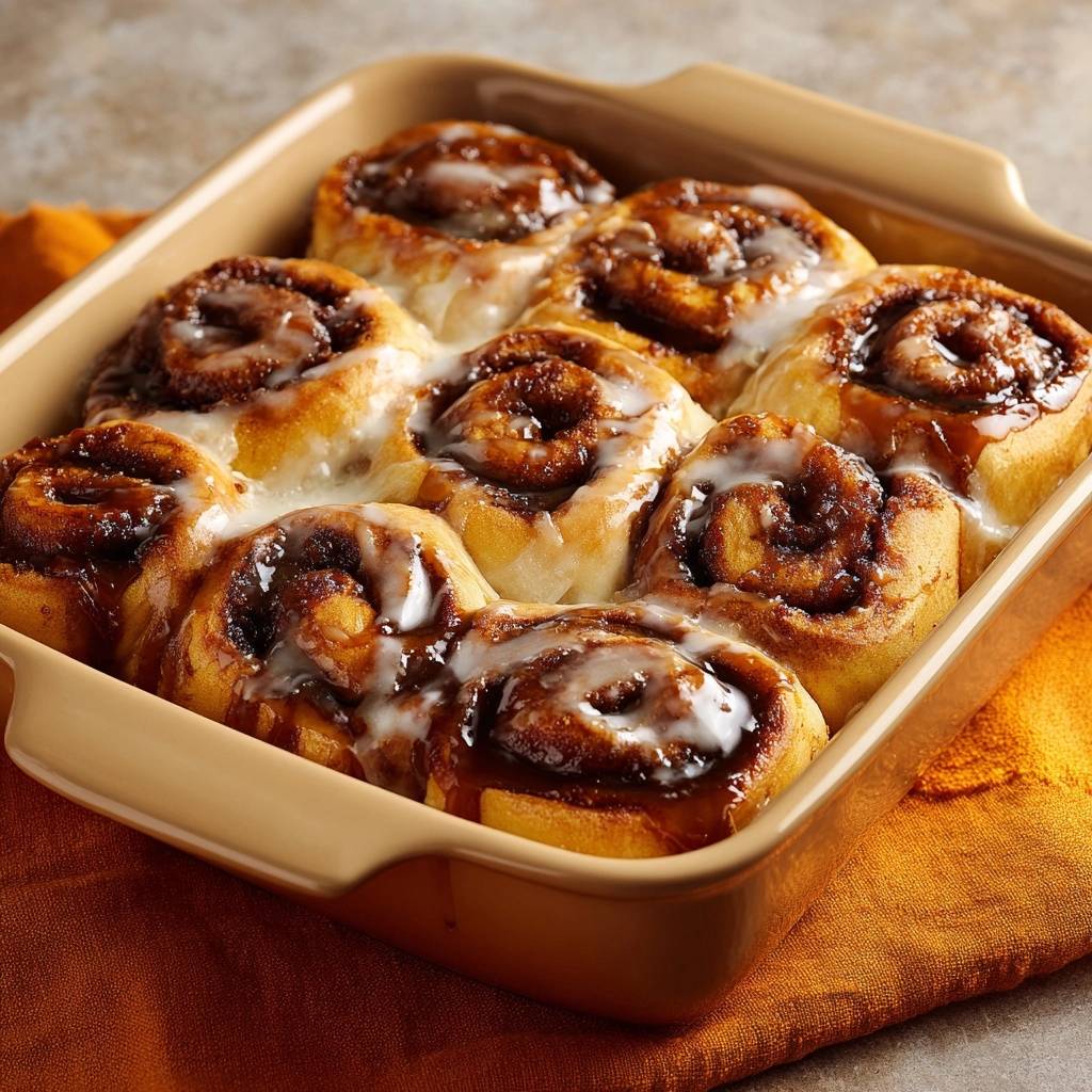 Zimtschnecken glasiert im Backblech, eine Nahaufnahme von frisch gebackenen, in einer braunen Keramikform angeordneten und mit Zuckerguss beträufelten süßen Gebäckrollen.