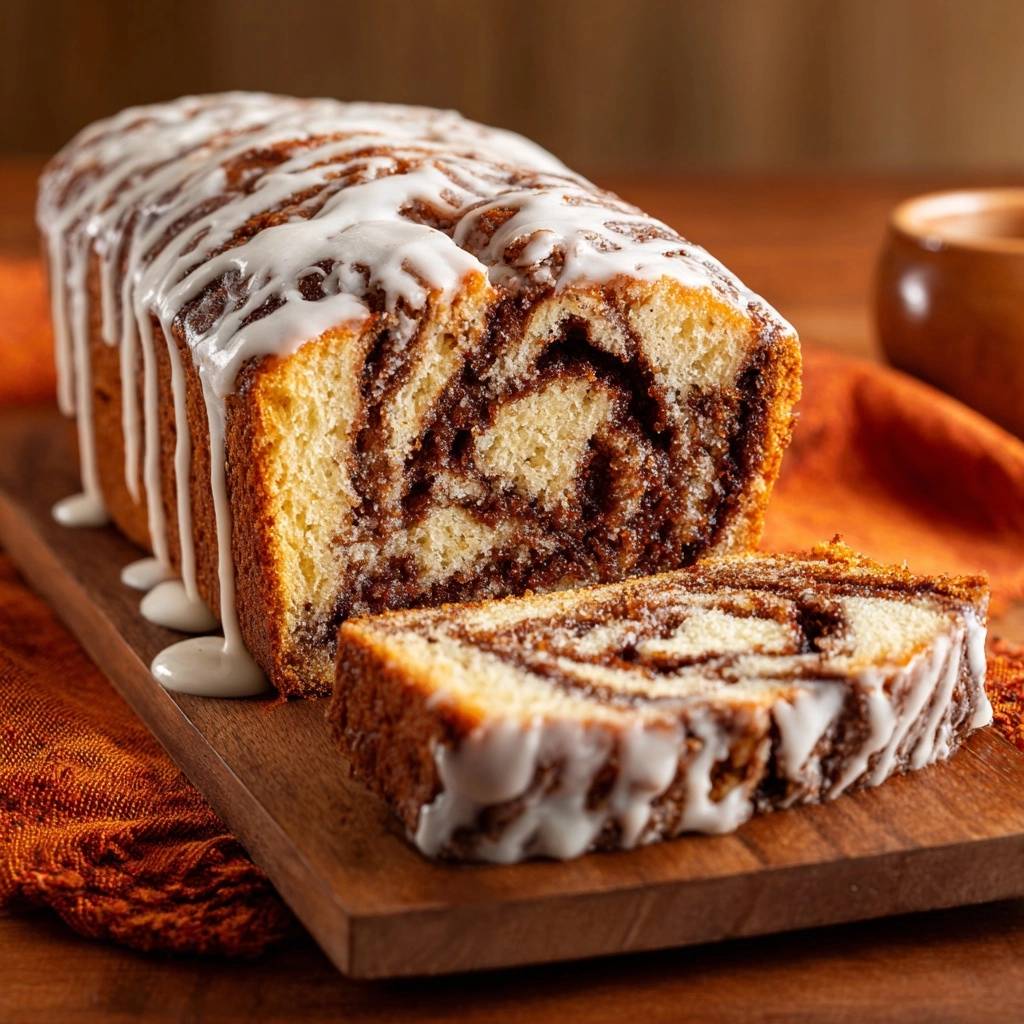 Zimtschneckenbrot angeschnitten mit einer zarten Zuckergussglasur, die über den Rand tropft und die verwirbelte Zimtfüllung zeigt.