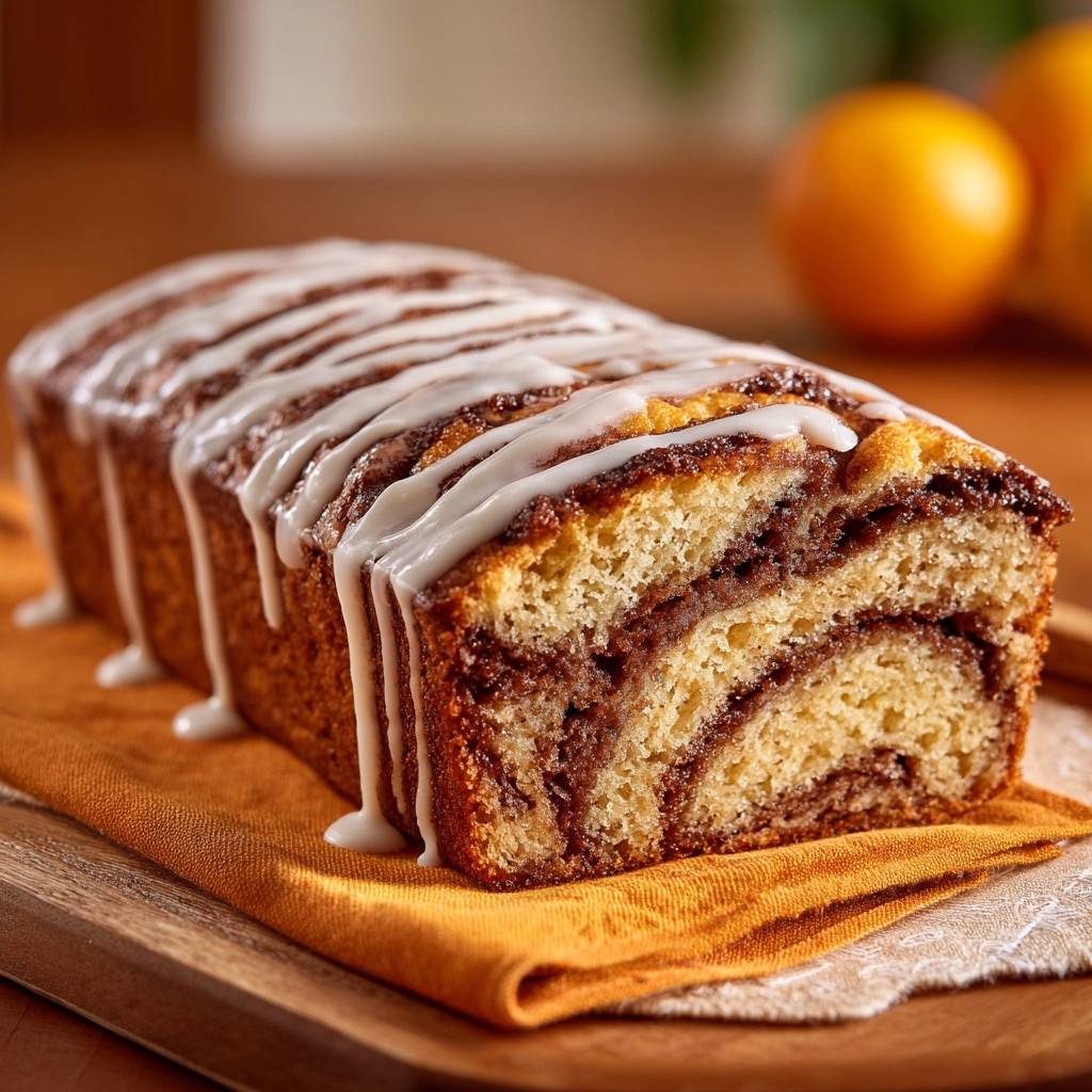Zimtschneckenbrot im angeschnittenen Querschnitt mit sichtbaren Zimtwirbeln und Zuckerguss-Drip