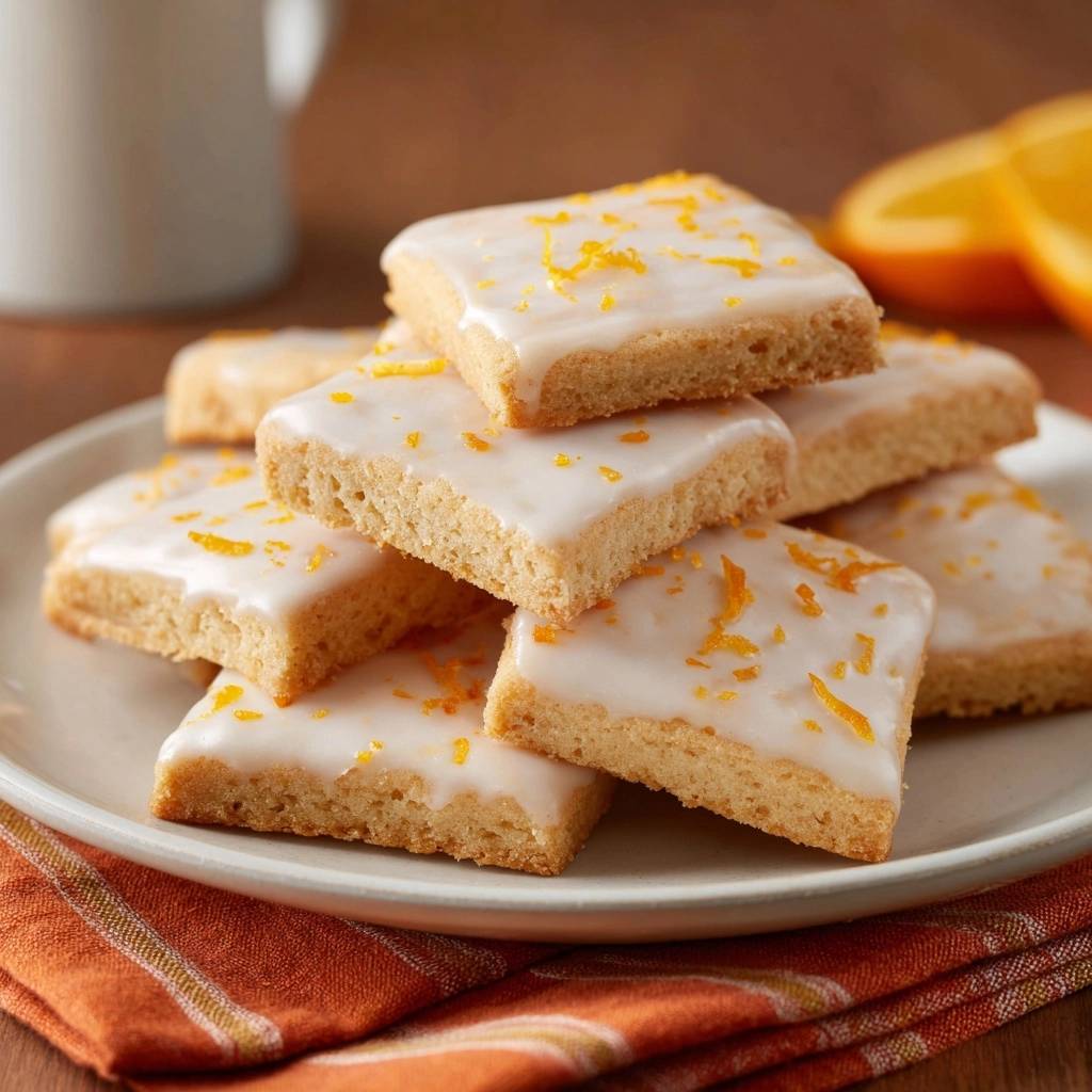 Zitronen-Brownies, die mit einem weißen Zuckerguss und frischen Orangenzesten garniert sind, liegen auf einem Teller.