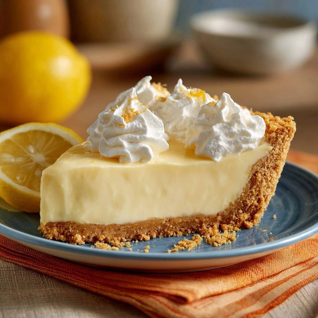 Zitronen-Cream-Pie mit einer Scheibe Zitrone, garniert mit Schlagsahne und Zitronenzesten auf einem blauen Teller.