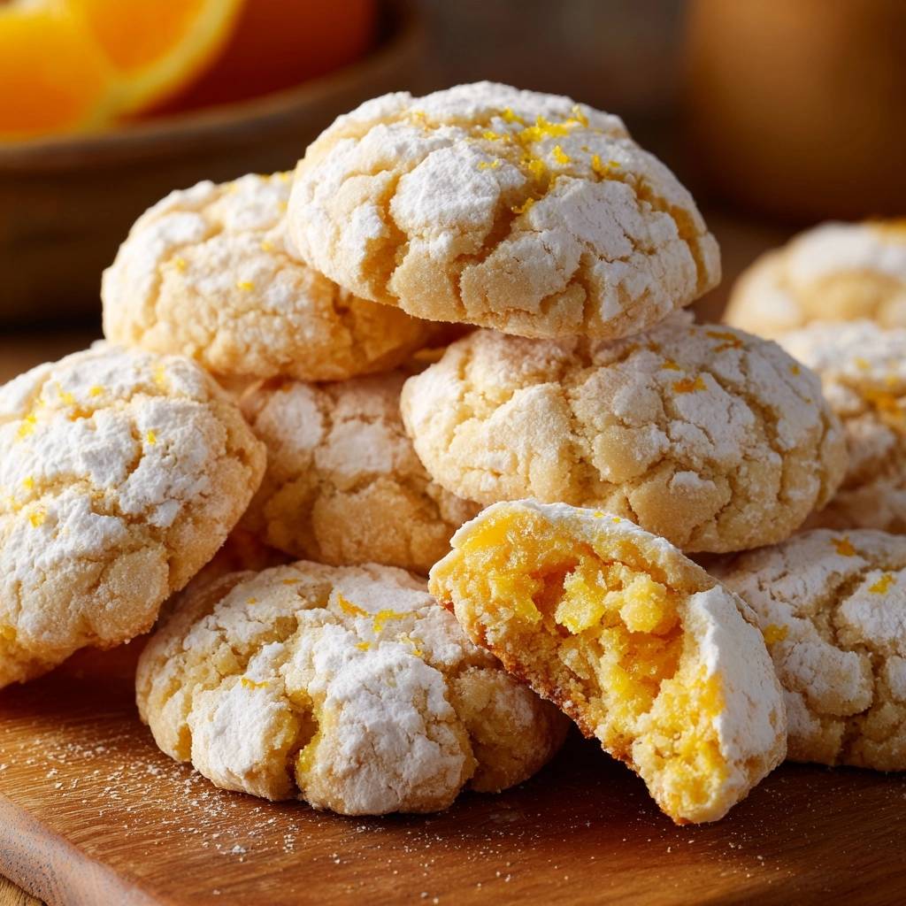 Zitronen-Crinkle-Kekse angeschnitten, die das weiche, orangene Innere mit Puderzucker und Zitronenschale zeigen.