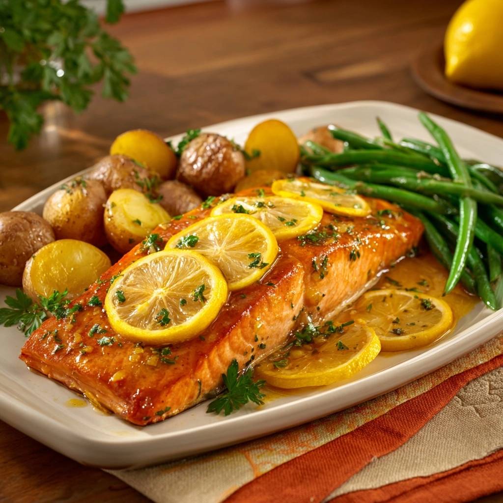 Zitronen-glasierter Lachs mit Bohnen und Babykartoffeln, serviert mit Zitronenscheiben und frischer Petersilie garniert.