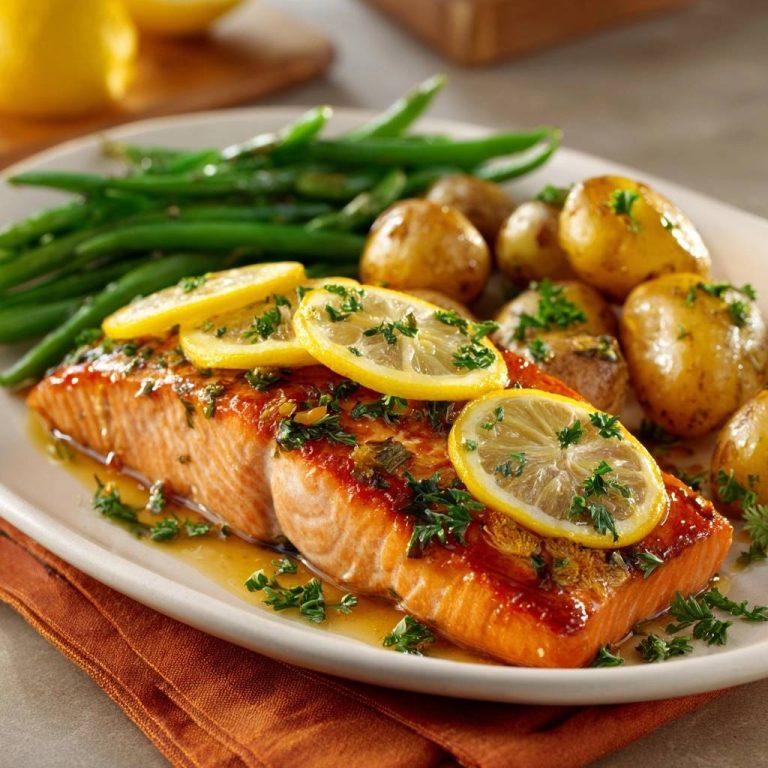 Zitronen-glasierter Lachs mit Bohnen und Babykartoffeln, serviert auf einem Teller mit Zitronenscheiben und Petersilie garniert.