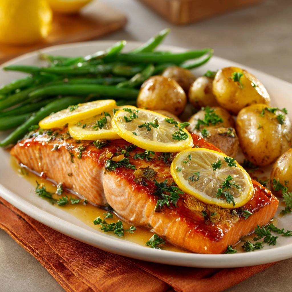 Zitronen-glasierter Lachs mit Bohnen und Babykartoffeln, serviert auf einem Teller mit Zitronenscheiben und Petersilie garniert.
