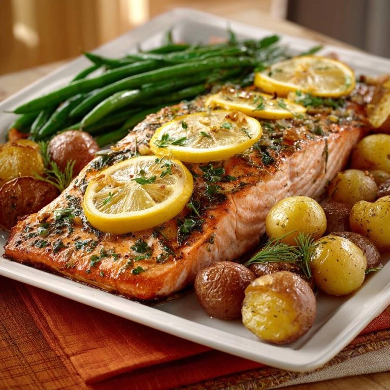 Zitronen-Kräuter-Lachs mit Babykartoffeln und grünen Bohnen, garniert mit Zitronenscheiben und frischen Kräutern.
