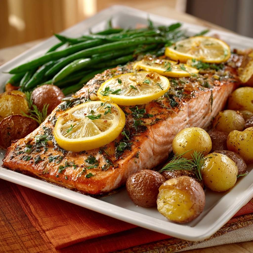 Zitronen-Kräuter-Lachs mit Babykartoffeln und grünen Bohnen, garniert mit Zitronenscheiben und frischen Kräutern.