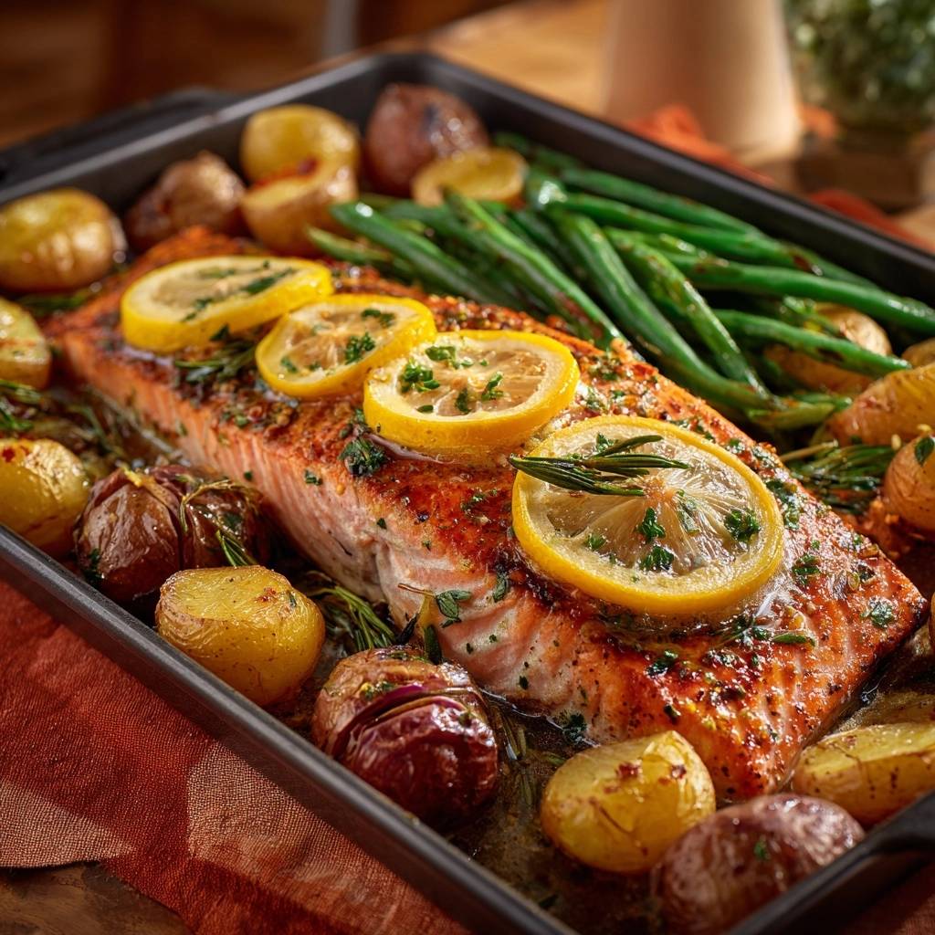 Zitronen-Kräuter-Lachs mit Babykartoffeln und grünen Bohnen, nahaufnahme auf einem Backblech mit Zitronenscheiben und Kräutern garniert.