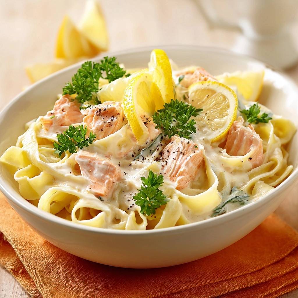Zitronen-Lachs-Tagliatelle mit frischer Petersilie und Zitronenscheiben garniert in einer Schüssel serviert.