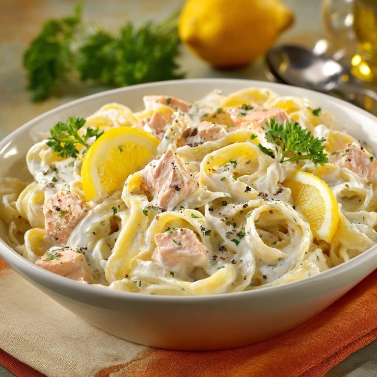 Zitronen-Lachs-Tagliatelle in cremiger Soße, garniert mit Zitronenspalten und frischer Petersilie.