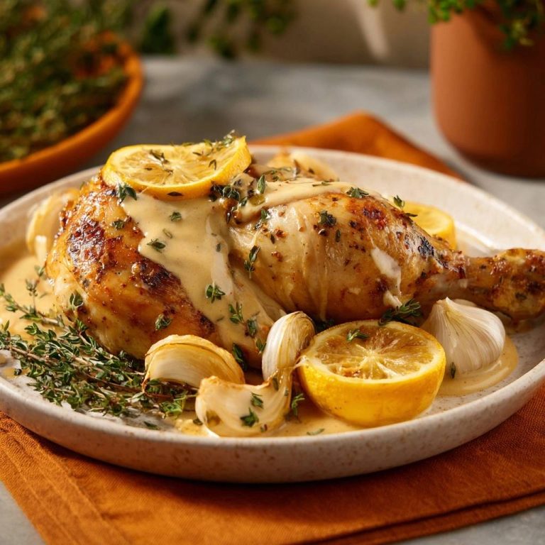 Saftiges Zitronen-Thymian-Hähnchen mit cremiger Sauce, Zitrone und geröstetem Knoblauch auf einem Teller serviert.