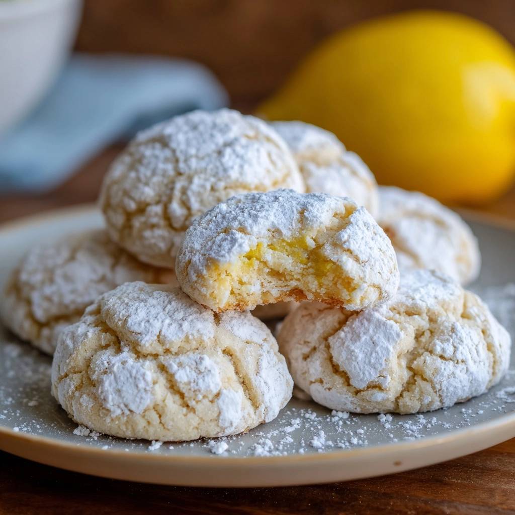 Zitronige Crinkle Cookies mit Puderzucker, einer davon angeschnitten, zeigt die weiche, gelbe Innenseite.