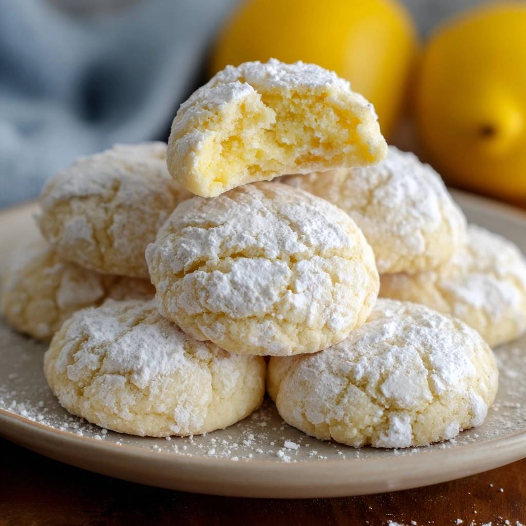 Zitronige Crinkle Cookies mit perfektem Riss-Effekt, eine Nahaufnahme zeigt den weichen, zitronigen Kern.