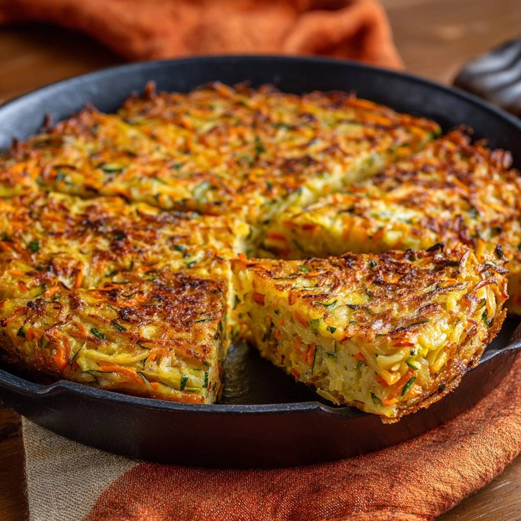 Knuspriger Zucchini-Karotten-Rösti angeschnitten in einer gusseisernen Pfanne auf einem rustikalen Holztisch