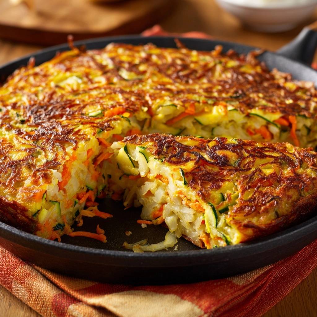 Knuspriger Zucchini-Karotten-Rösti angeschnitten in einer Pfanne, zeigt die goldbraune Kruste und das Gemüseinnere.