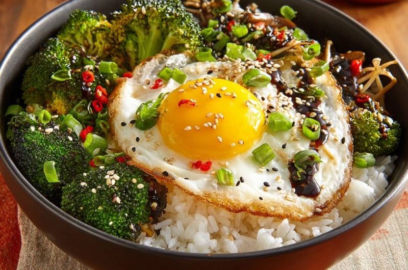 Asiatische Reis-Bowl mit Brokkoli und Spiegelei