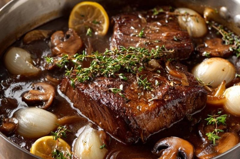 Butterzartes Rindfleisch mit Pilzen und Perlzwiebeln