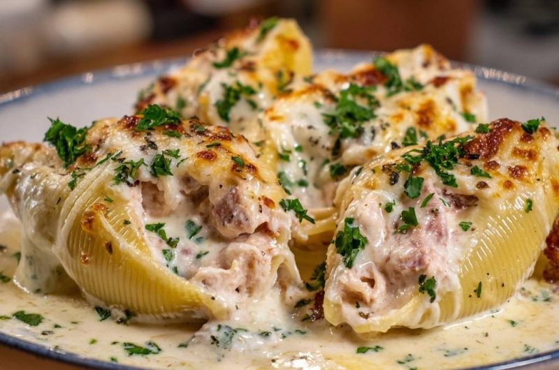 Cremige Hühner-Bacon-Muschelnudeln