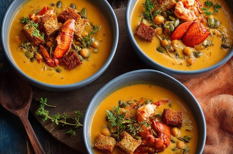 Cremige Hummer-Bisque mit Kichererbsen