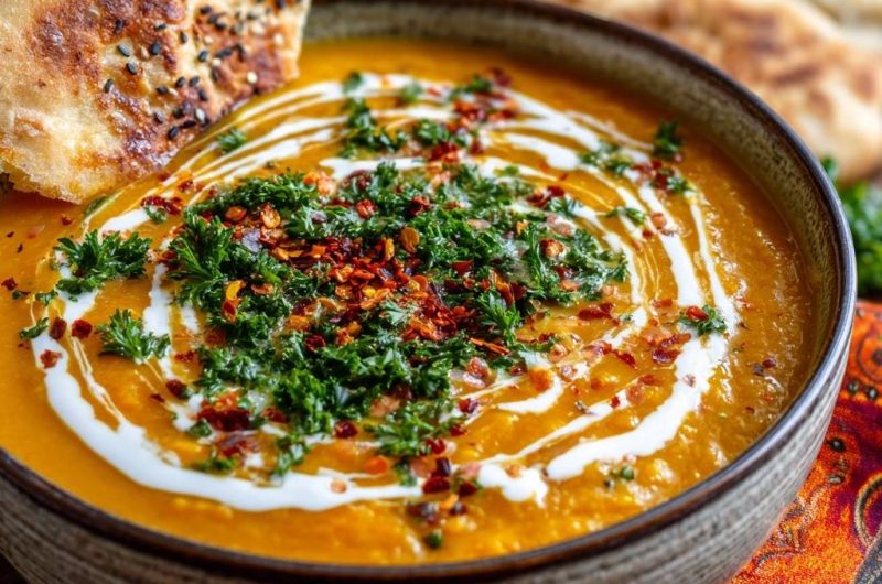 Cremige Kürbissuppe mit Sesam-Naan