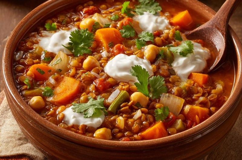 Cremige Linsensuppe mit Kichererbsen und Süßkartoffeln