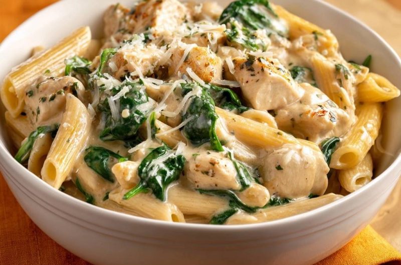 Cremige Penne mit Hähnchen und Spinat