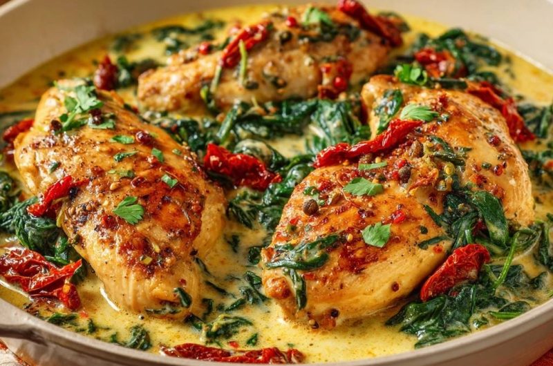 Cremiges Hähnchen mit Spinat, Sonnentomaten & Kapern