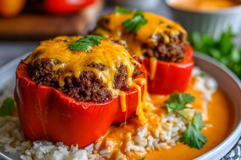Gefüllte Paprika mit Hack, Käse & Curryreis