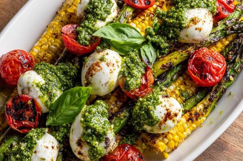 Gegrillte Mais-Spargel-Platte mit Pesto-Mozzarella